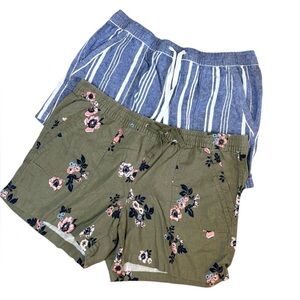 Bundle Of Nautica Green Floral and Blue Striped Linen Blend Casual Summer Shorts